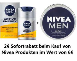 [Prime Sparabo] 2€ Sofortrabatt beim Kauf von Nivea (6€ MBW), z.B. NIVEA MEN Active Energy Gesichtspflege Creme 50ml + NIVEA MEN Creme 150ml