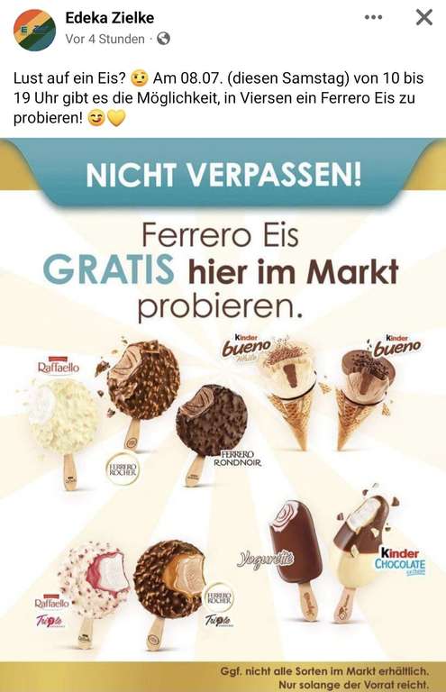 [Lokal Viersen | Edeka Zielke] Gratis Ferrero Eis im Viersener Markt, am 08.07.2023 (10 bis 19 Uhr)