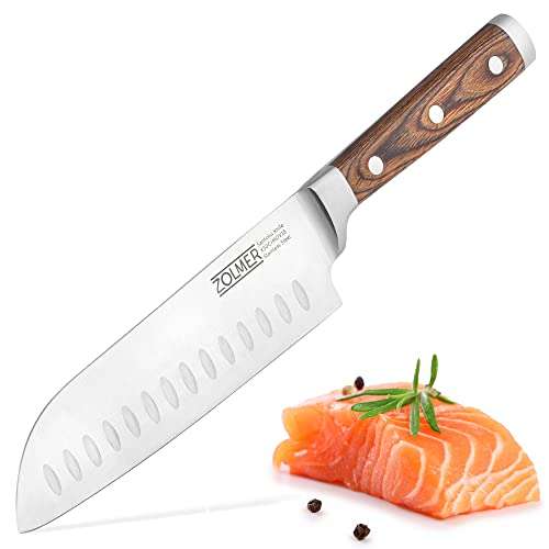 [Amazon Prime] Zolmer(R) Santoku-Messer • Kochmesser im japanischen Stil mit Vollerl & Kullenschliff • Klinge: X50CrMoV15 • Griff: Pakkaholz