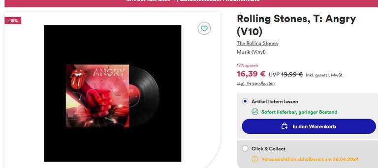 [Thalia Kultclub] Rolling Stones, T: Angry (V10) - Vinyl / T: Hackney Diamonds Vinyl auch im Sale für 28,90