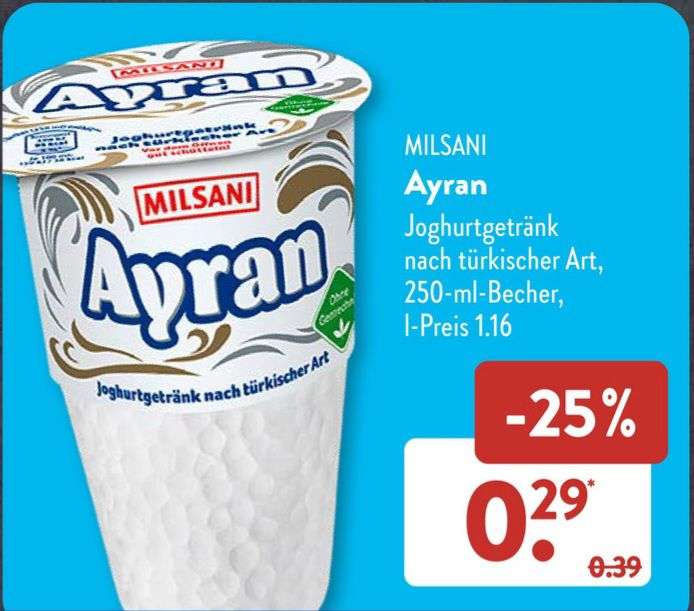 Aldi Süd: Ayran im 250ml Becher ab 24.04. // Auch Latte Macchiato im 250ml Becher für 0.49€ (-34%)