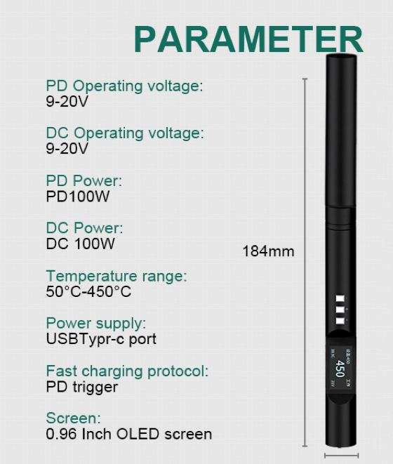 PTS200 V2 Lötkolben - 100 W für T12/TS Spitzen, PD3.0/Lipo/Netzteil (5 - 20 V), OLED Display, Open Source Software