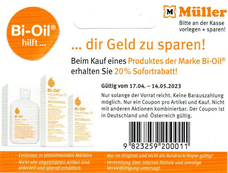 [Müller] 20% Rabatt Coupon für ein Produkt der Marke Bi-Oil bis 14.05.2023