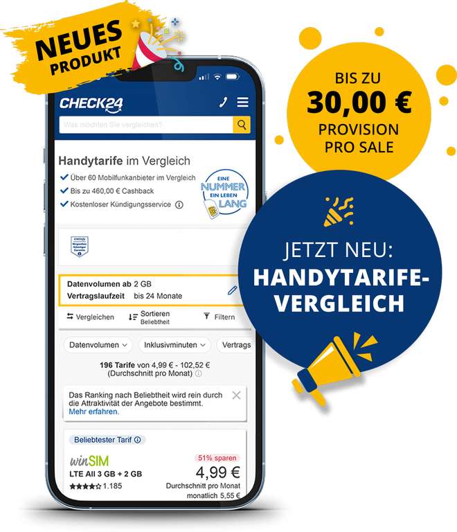 [CHECK24 Partnerprogramm] Ab sofort bis zu 30€ zusätzliche Vergütung zu Handytarif-Abschlüssen via CHECK24