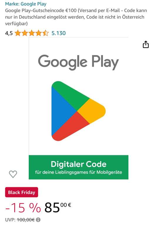 15% Rabatt auf Google Play nur (Amazon) 100€ Guthaben zahlen zb. | Karte kaufen, mydealz 85€