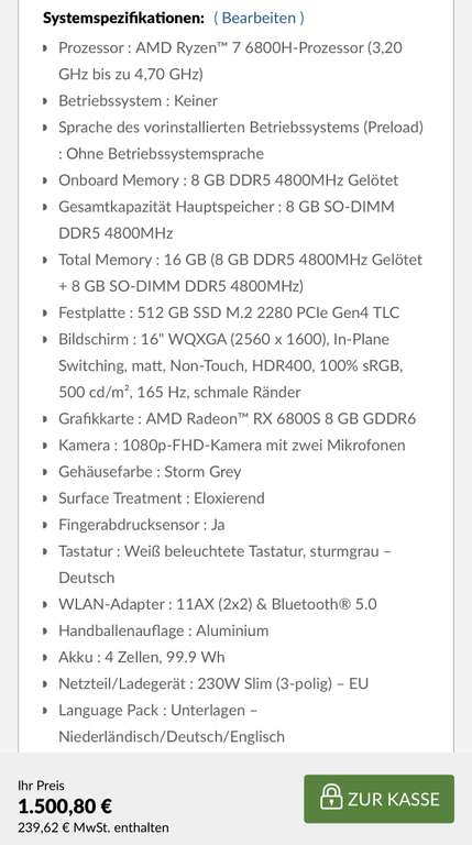 Lenovo Legion Slim 7 Gen 7 (16“, WQHD, 500nits, 165hz, Ryzen 6800h, 16GB/512GB, Radeon 6800s, ohne Win, 2,23kg)