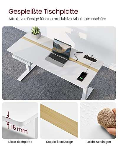 Songmics Schreibtisch (140x 60cm) weiß/braun, Steckdose und Schublade (elektrisch, stufenlos höhenverstellbar, Memory-Funktion für 4 Höhen)