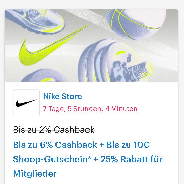 [Nike Store + Shoop] Bis zu 6% Cashback + Bis zu 10€ Shoop-Gutschein* + 25% Rabatt für Mitglieder