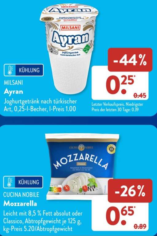 Aldi Süd 'aktuell': 8xTiefkühl-Laugenstange günstig sowie Ayran im 0,25l Becher für 25Cent / Mozzarella für 65Cent