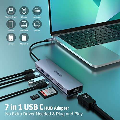USB C Hub, 7-1 USB C Adapter mit 4K HDMI Ausgang, USB-C 3.0, 2 USB 3.0, 100W Power Delivery, SD/TF Kartenleser USB C Dock