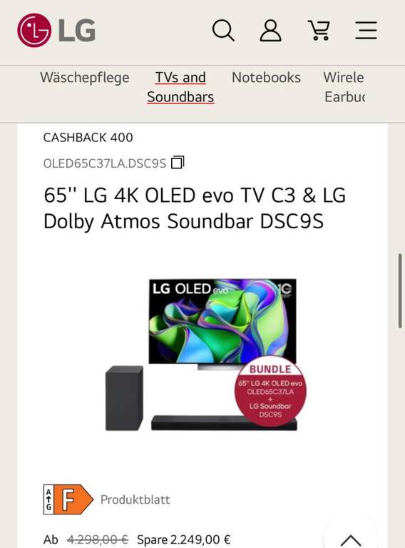 65'' LG 4K OLED evo TV C3 & LG Dolby Atmos Soundbar DSC9S mit Benefits oder Unidays+Cashback 1444,10€