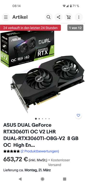 ASUS DUAL GeForce RTX3060Ti OC V2 LHR DUAL-RTX3060TI-O8G-V2 8 GB OC High En...