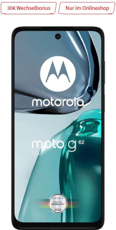 Telefonica Netz: Motorola Moto G62 5G im SuperSelect Allnet/SMS Flat 10GB LTE für 9,99€/Monat, 9€ Zuzahlung, 30€ Wechselbonus
