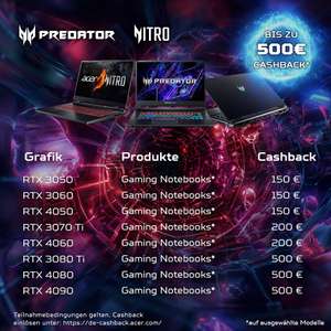 Acer Gaming Laptop Cashback mit RTX 3050 bis 4090 - bis zu 500€