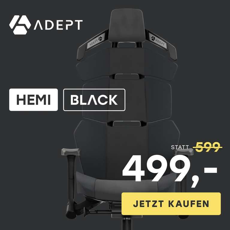ADEPT Gaming/Bürostuhl Hemi black für 499€ statt 599€ - made in Germany - 100€ Rabatt - inkl. Synchronmechanik