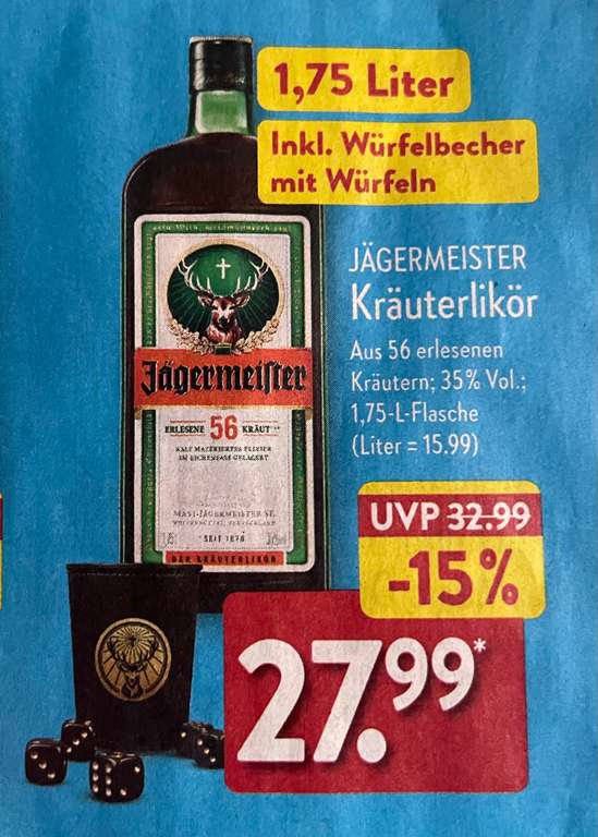 [ALDI Nord] 1,75 Liter Flasche Jägermeister inkl Würfelbecher mit Würfeln