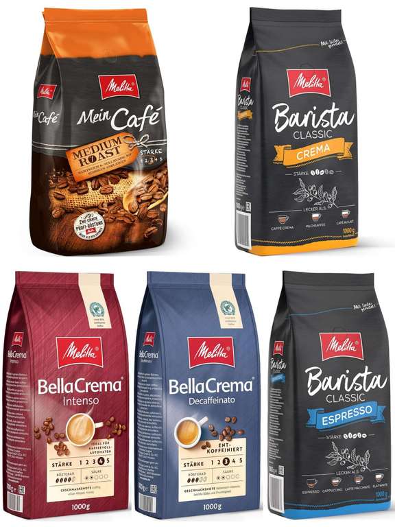 Melitta Kaffee-Bohnen 1kg 8,99€ Spar-Abo: Barista Classic Espresso, Mein Café (Mild,Med,Dark), Classic Crema, Decaffeinato, Intenso, Bio, PR