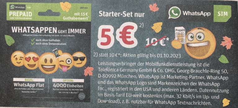 WhatsApp SIM 5€ (statt 10€) inkl. 15€ Startguthaben Prepaid - Offline bei Rossmann bis 01.10.2023