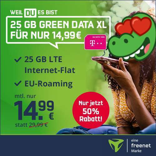 Datentarif: 25GB LTE 300Mbit Debitel Telekom für 14,99€ mtl. ohne AG + 50€ Amazon = 12,96€ mtl.