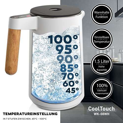 BALTER Edelstahl Wasserkocher mit Temperatureinstellung, 45°C-100°C, Doppelwand, BPA frei, leise & kabellos, Warmhaltefunktion, T1.5L, 2200W