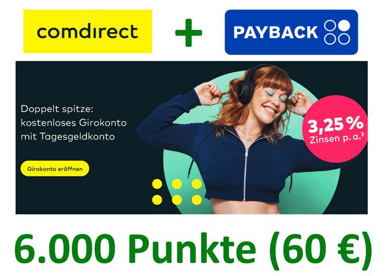 [Comdirect + Payback] 6000 Punkte (60€) für Eröffnung Giro, inkl. Tagesgeldkonto, 3,25% pa, bis 100.000 €, 1 Jahr; Neukunden; personalisiert
