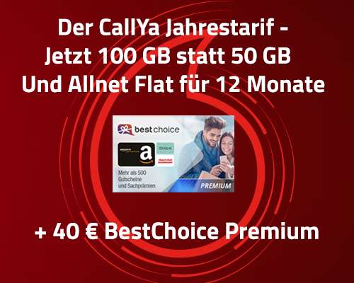 Vodafone CallYa Jahrestarif für 99,99€ mit 40€ BestChoice Gutschein: 100 GB 5G (300 Mbit/s) und Allnet- & SMS-Flat (Prepaid)