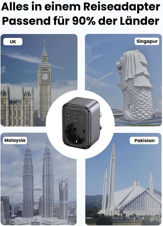 [Prime] UGREEN Reiseadapter UK 30W | 1x Steckdose / 1x USB-C (max 30W, PD, PPS) / 2x USB-A (max. 18W) | GaN III | für alle Typ G Steckdosen