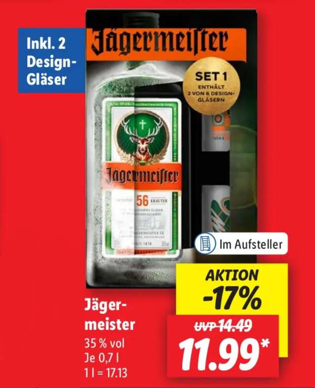 [LIDL] Jägermeister inkl. zwei Design-Gläser für 11,99€