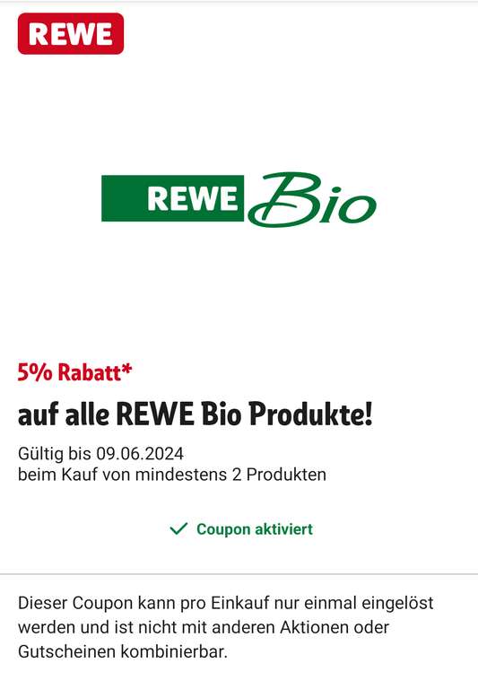 5% Rabatt bei Rewe Bio Produkte in der Rewe App (mindestens 2 Produkte) - bis 09.06.2024