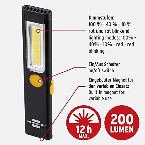 Brennenstuhl LED Akku Handlampe PL 200 A/LED Taschenlampe mit COB LED mit 200lm, inklusive USB-Ladekabel, bis zu 12h Leuchtdauer