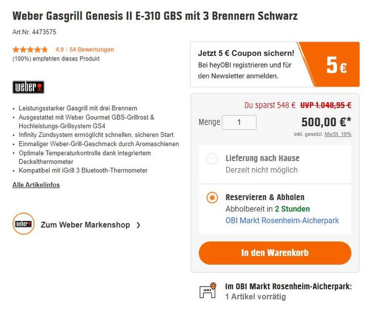 [Lokal] Weber Gasgrill Genesis II E-310 GBS mit 3 Brennern Schwarz - nur Abholung