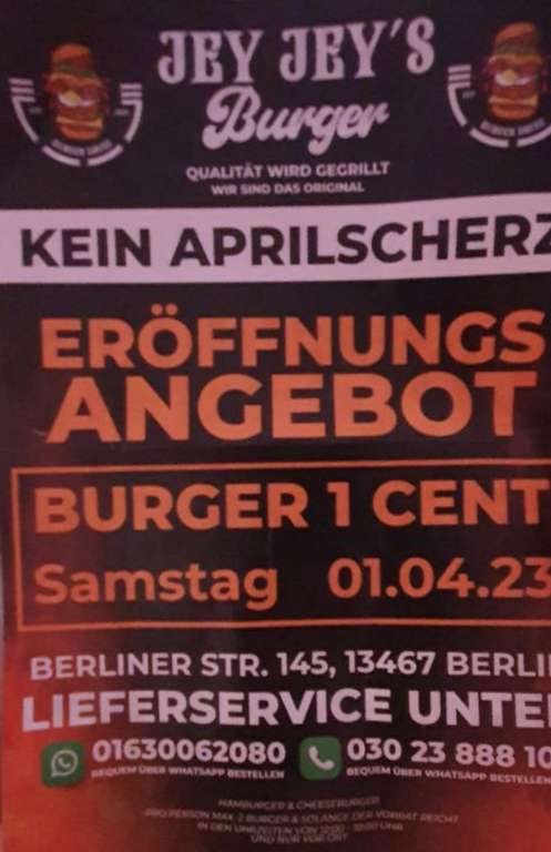 Burger für 1 Cent bei jey jeys Burger in berlin (Lokal)