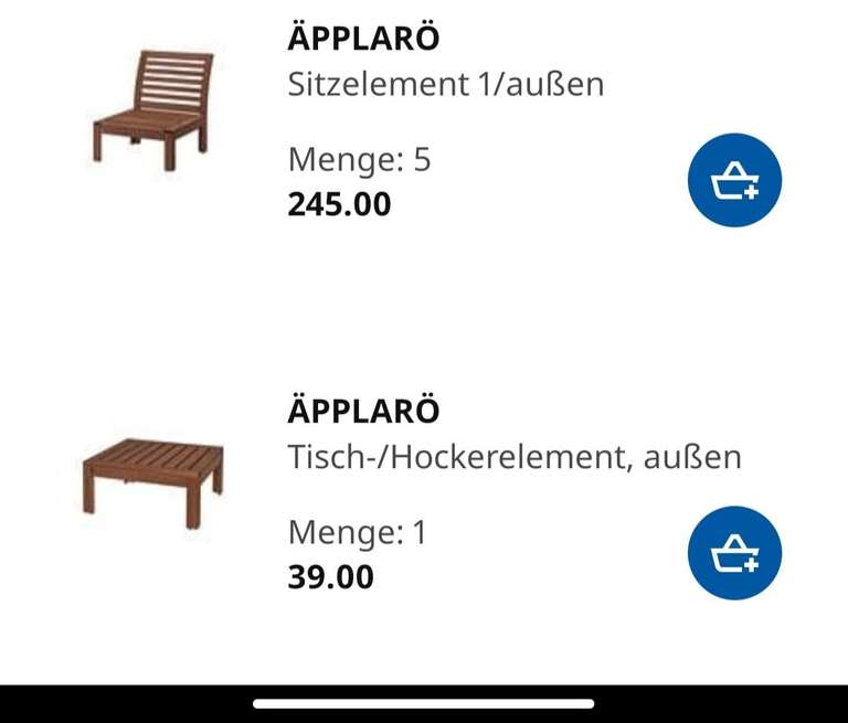 (Lokal IKEA Ulm?) Äpplarö Abverkauf sitzelement (eine Lehne) und Tisch/Hocker (keine Lehne)