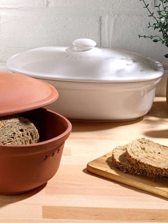 Römertopf Ovaler Brottopf aus natürlicher Keramik, ideal für die Aufbewahrung von Brot und Gebäck 30x21cm weiß