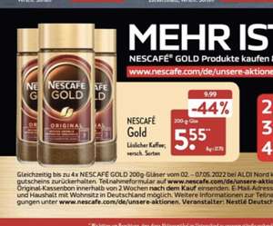 Lokal Aldi Nord 4x Nescafé Gold kaufen, 15€ Einkaufsgutschein erhalten! (Eff. 7,20€ für 4 Gläser)