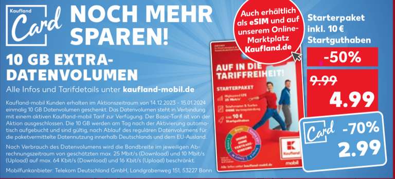 Prepaid Kaufland-Mobil - Starterpaket inkl. 10€ Startguthaben *Plus 10GB extra* (Im Markt, evtl. ab 14.12.23 vielleicht auch online)