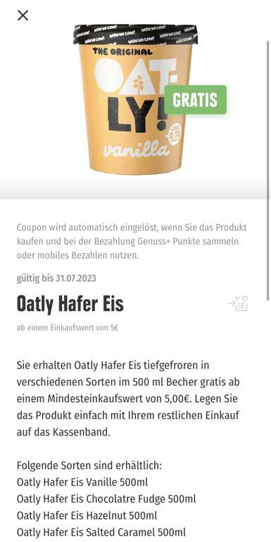 [Lokal | EDEKA App] OatLy Eis (Vegan) Gratis ab 5€ Einkaufswert - Regional (möglicherweise nur Edeka Nord)