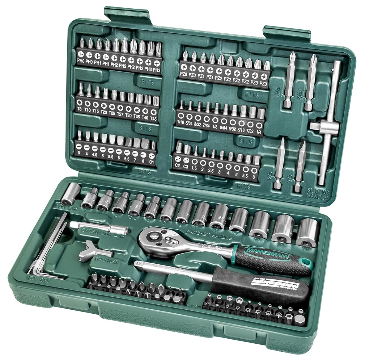 [prime] Brüder Mannesmann M29166 Steckschlüssel- und Bitsatz, 130-teilig - Chrom-Vanadium-Stahl