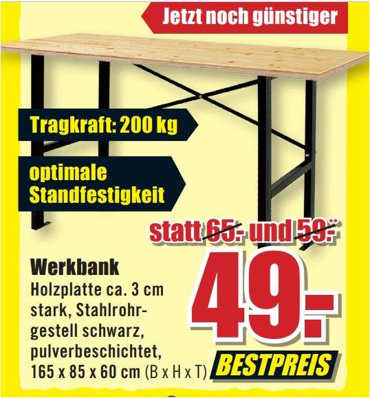 Werkbank 165 x 60 x 85 cm bei B1 Baumarkt für 49 Euro, somit bei Bauhaus mit TPG für 43,12 Euro [Bauhaus TPG]
