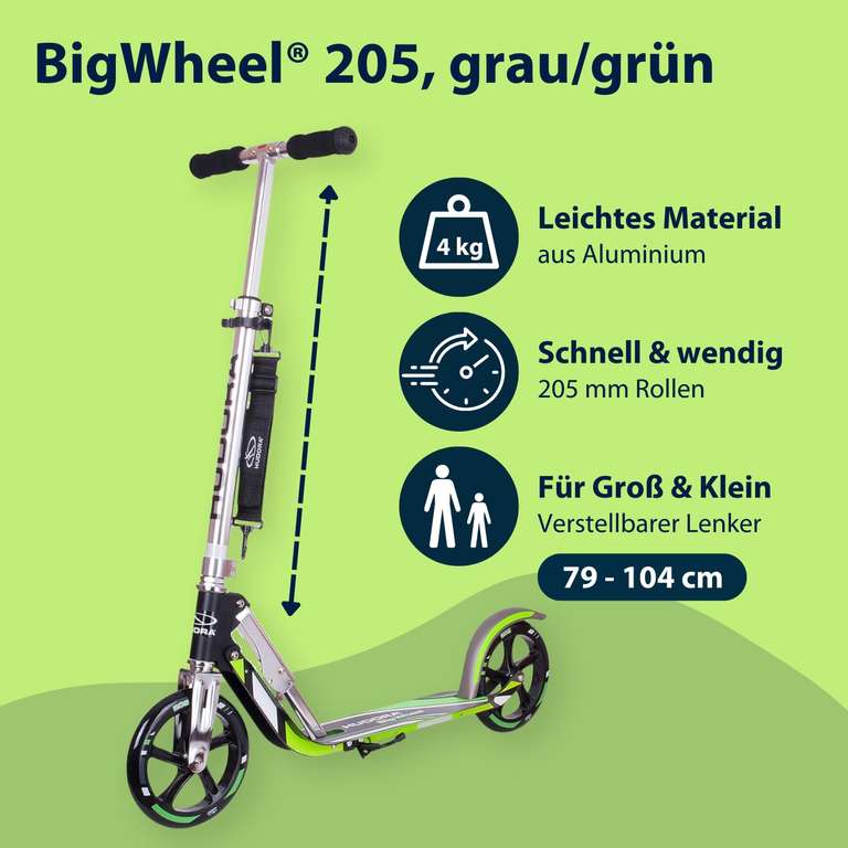 HUDORA BigWheel 205 Scooter - Stabiler Aluminium-Roller - Höhenjustierbarer & zusammenklappbarer Cityroller mit Ständer, für bis zu 100kg