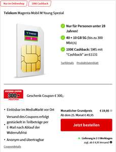 Telekom Netz, Sim Only Young: Magenta Mobil M Allnet/SMS Flat 50GB 5G für 19,95€/Monat & 450€ Bonus (eff. 3€/Monat)