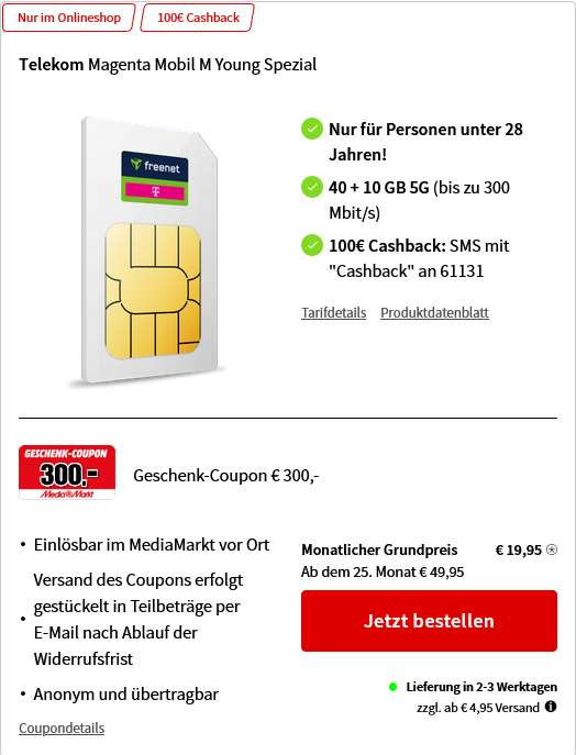 Telekom Netz, Sim Only Young: Magenta Mobil M Allnet/SMS Flat 50GB 5G für 19,95€/Monat & 450€ Bonus (eff. 3€/Monat)