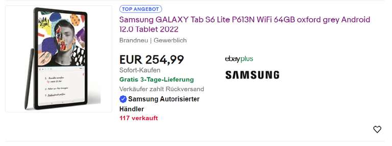 (BESTPREIS!!!) Samsung GALAXY Tab S6 Lite P613N WiFi 64GB oxford grey Android 12.0 Tablet 2022 für 234,99€ inkl. Versand