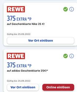 Rewe / Payback 375 Extra für Nike / Adidas 25€ Guthabenkarten