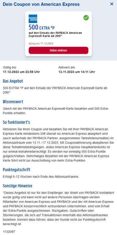 [Payback] 500 Extra P bei Einsatz der Payback American Express ab 20€ AmEx (personalisiert)