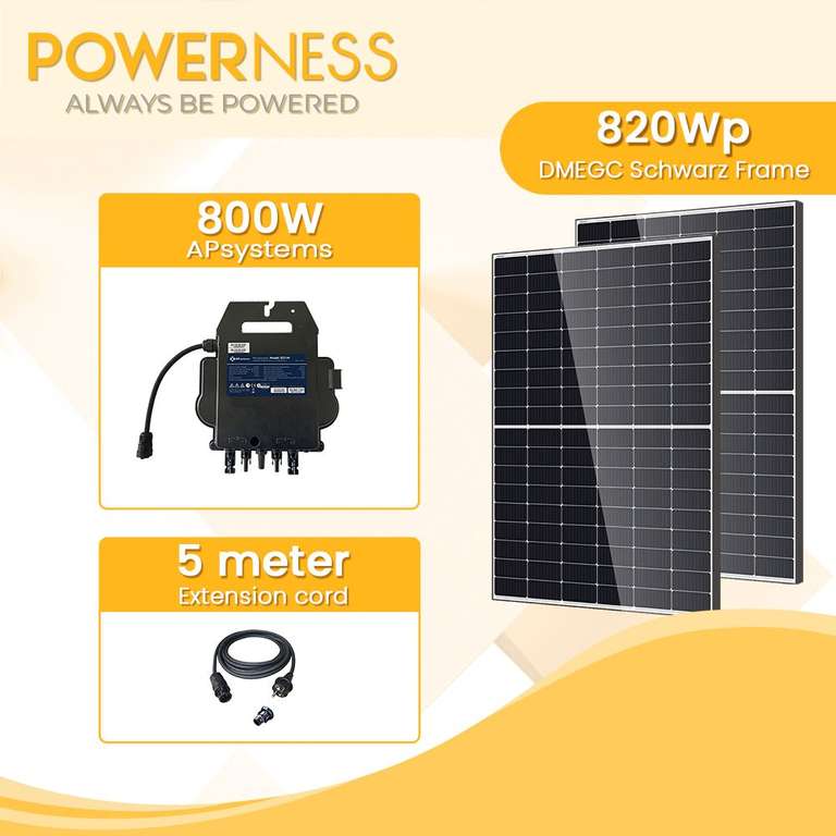 Balkonkraftwerk Solaranlage, Komplettset 2X 410Wp DMEGC Black Frame Solarmodule & 800W APsystems Wechselrichter, Verlängerungskabel (60€ VSK