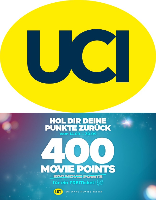 UCI Movie Points September: 50% der eingelösten Punkte zurück | z.B. Standard 2D-Ticket 400 Punkte statt 800 Punkte