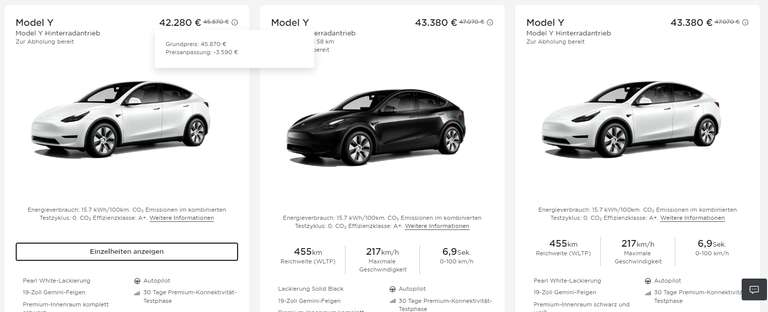Tesla Model Y SR Standard Range neue Rabatte auf Bestandsfahrzeuge, Bestpreise möglich für effektiv 37530€