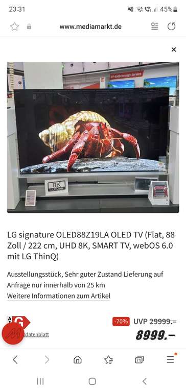 LG signature OLED88Z19LA OLED TV (Flat, 88 Zoll / 222 cm, UHD 8K, SMART TV, webOS 6.0 mit LG ThinQ) - Ausstellungsstück