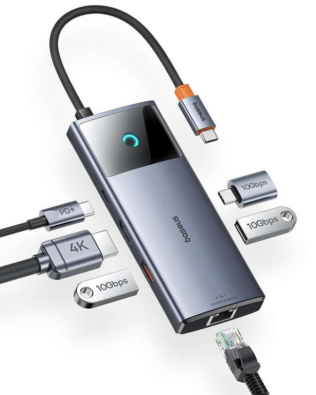 (Prime) Baseus USB C-Hub 10Gbps USB 3.2 Adapter mit LAN Ethernet, 4K@60Hz HDMI, 2 USB A, USB C, 100W PD, 6 in 1 Docking Station